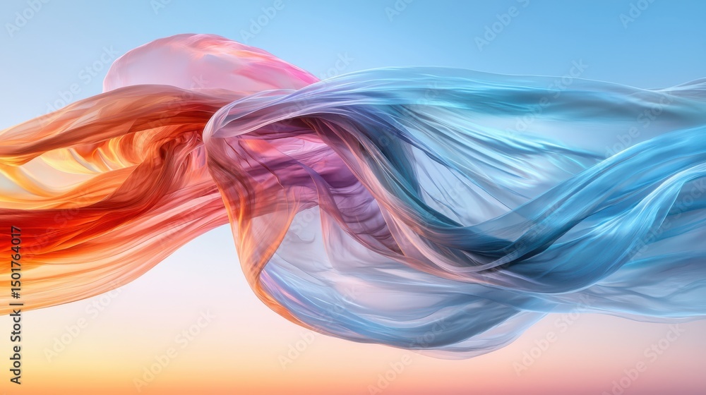 Poster dynamic flow of colorful silks dancing in the air at sunset abstract art serene environment wide ang