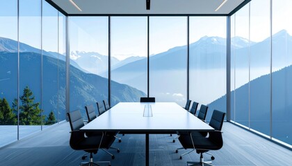 Glass-walled conference room with mountain view and long white table