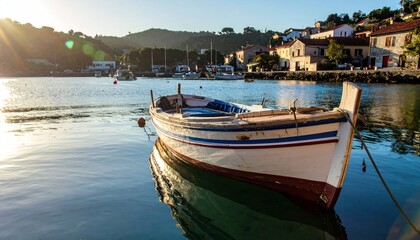 Boat moored in a calm harbor with buildings on shore, sun shining bright in the upper left
