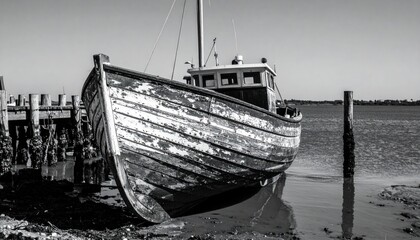Weathered boat sits aground, reflected in the mud, near dock on shore
