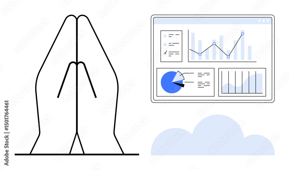 Poster hands in prayer gesture next to an analytics dashboard displaying charts and graphs with a cloud ele