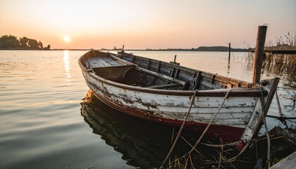 Old wooden boat tied to reeds in still water during a warm, orange sunset