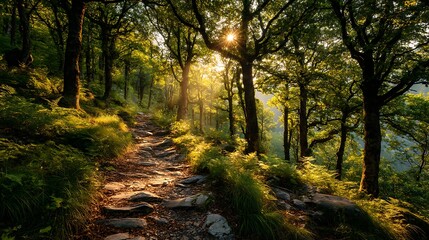 Obraz premium Sunlight in euopean forest with hiking trail