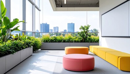 Bright, open office space with city view, plants, and colorful seating