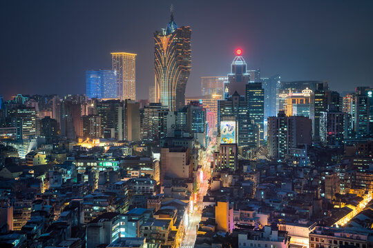 Aerial view of Macau skyline at night, China.