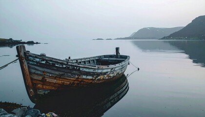 Derelict wooden boat rests on shore, calm water mirroring distant hills under a cloudy, grey sky