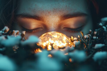 Obraz premium Illuminating serenity a woman embracing light in nature's embrace close-up portrait ethereal atmosphere