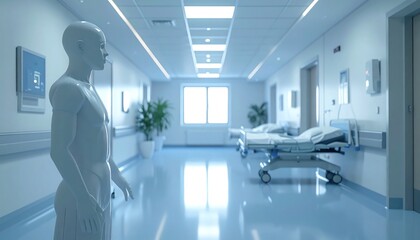 Figure in hospital hallway, blurred beds. Soft, muted, blueish white, artificial lighting