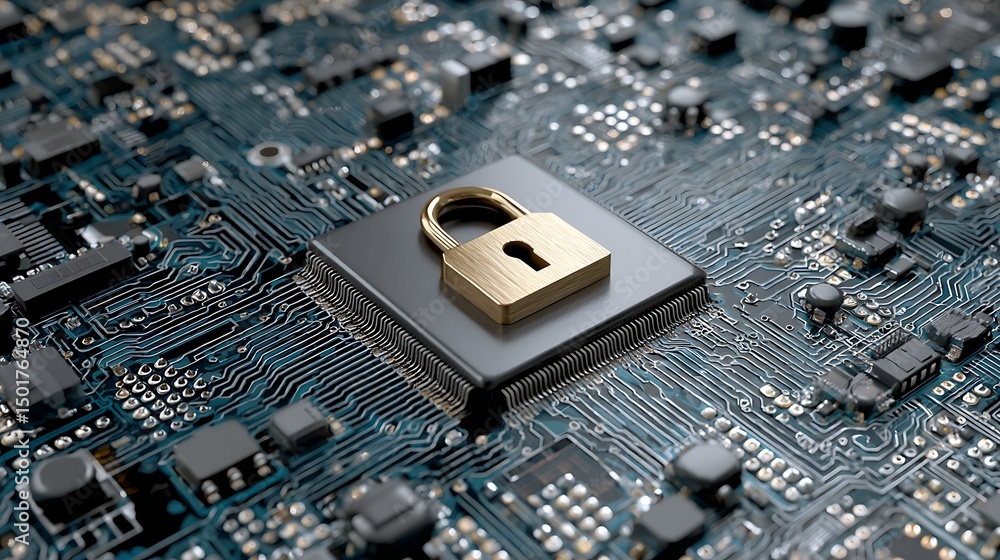 Poster secure connection or cybersecurity service concept of compute motherboard closeup and safety lock wi