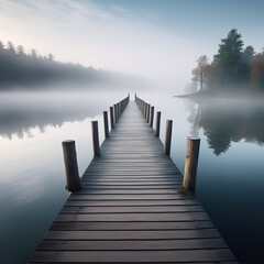 Obraz premium Ruhiger Steg am See im Morgennebel