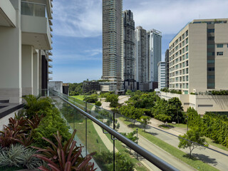 High angle view of Santa Maria neighborhood in  Panama City skyline in the early morning, Panama,...