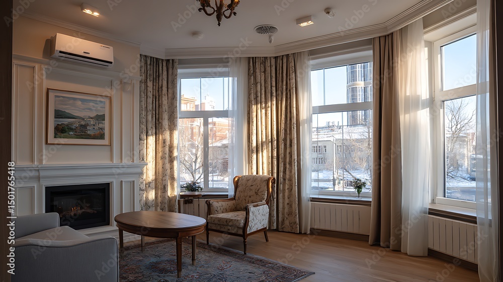 Poster renovated rooms with spacious windows and heating systems, both before and after the restoration pro