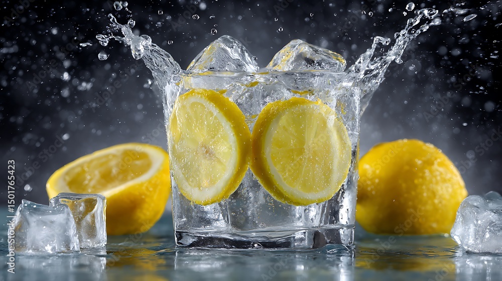 Poster refreshing splash of water with lemon slices and ice cubes, perfect for summer drink concepts or coo