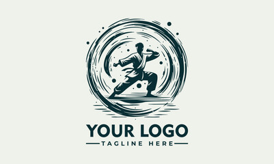 Karate martial artist performing high kick in dynamic pose inside circular emblem. Sports concept
