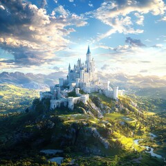 Fototapeta premium Majestic castle rising above lush hills fantasy landscape digital artwork vibrant sky serene viewpoint