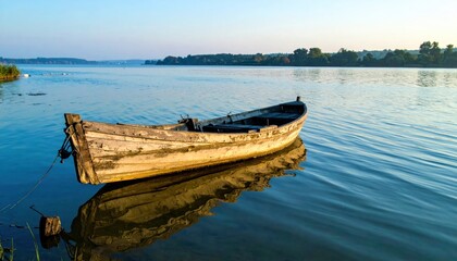 Obraz premium Old wooden boat adrift on calm, rippled water reflecting the golden dawn light