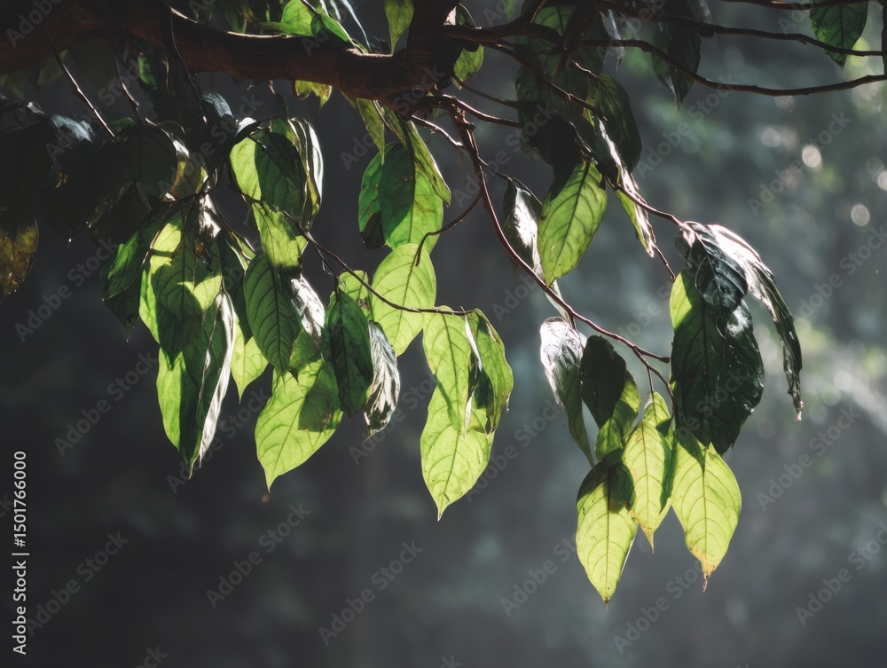 Poster sunlight filtering through lush green leaves on tree branch in forest canopy low angle view nature s