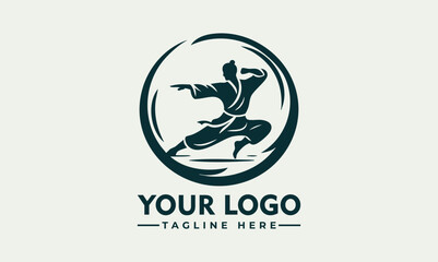 Karate martial artist performing high kick in dynamic pose inside circular emblem. Sports concept
