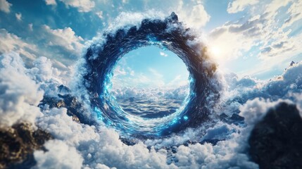 Mysterious portal in the clouds scenic sky digital art dreamlike environment wide angle view fantasy concept