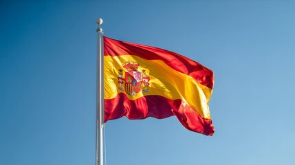 Realistic depiction of the vibrant flag of Spain waving against a clear blue sky
