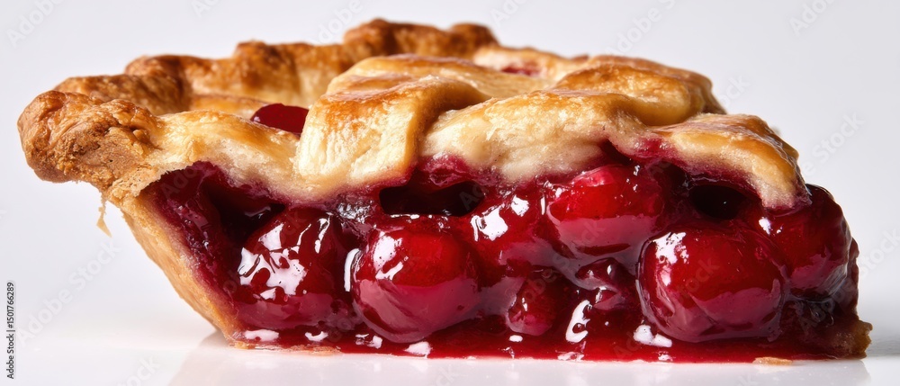 Poster close-up of a delicious cherry pie slice with lattice crust on white background studio shot ready to