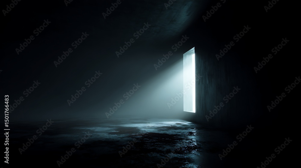 Fototapete Mysterious and atmospheric scene with dark empty space, floor is illuminated by spotlight creating dramatic interplay of light and shadows, presence of smoke or mist element of mystery ambiance