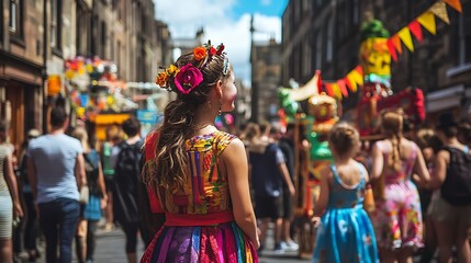 Young woman in colorful dress at a vibrant street festival.