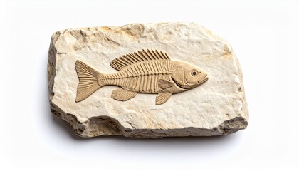 Single fossil of a fish imprinted on a limestone slab, isolated on white background