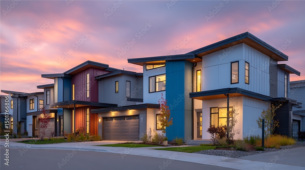 Poster modern residential houses in a row with distinct colors and landscaping during dusk