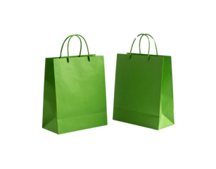 Two vibrant green paper shopping bags with matching rope handles angled view