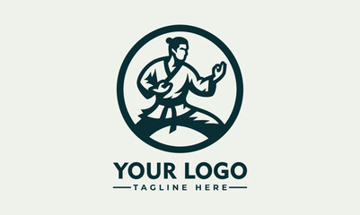 Fototapeta premium Karate martial artist performing high kick in dynamic pose inside circular emblem. Sports concept 