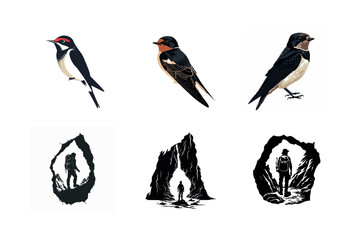 Swallows birds and hiker silhouettes nature set