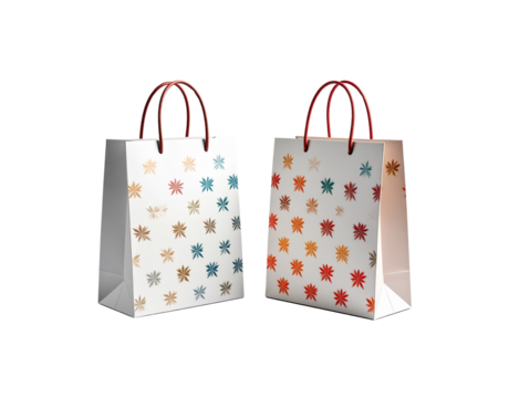 Two white gift bags adorned with colorful starbursts and red rope handles