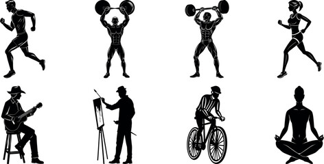 vector Multiplec category of a man with guitar, with lifting weights above. with riding a bicycle. sitting cross-legged.  silhouette illustration.