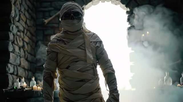 Mysterious mummy in ancient castle shrouded in mist with candles and potion bottles. concept of halloween, eerie atmosphere, ancient ruins, mysterious figure.