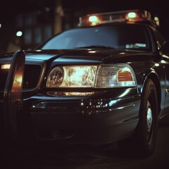Police car front view at night with lights flashing in urban environment close up vehicle patrol