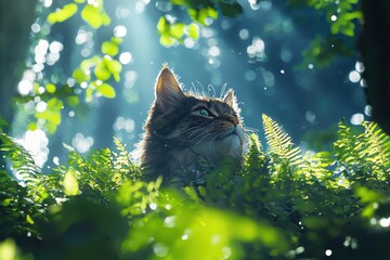 Cat observing nature forest wildlife photography lush environment close-up serenity in the wilderness