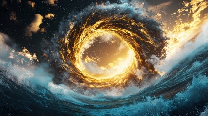 Unleashing cosmic energy a celestial event over turbulent waters digital art surreal atmosphere dramatic perspective