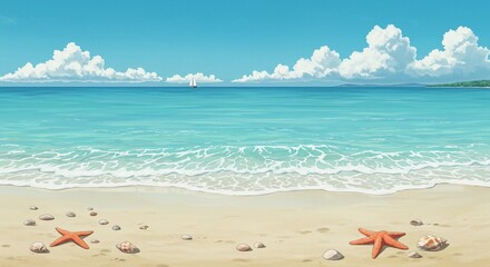 Fototapeta premium Peaceful Anime Seascape: Sandy Shore with Starfish and Gentle Waves