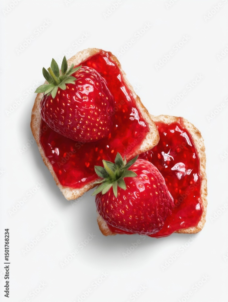Poster two pieces of strawberry toast with jam on a white background from above in a studio shot