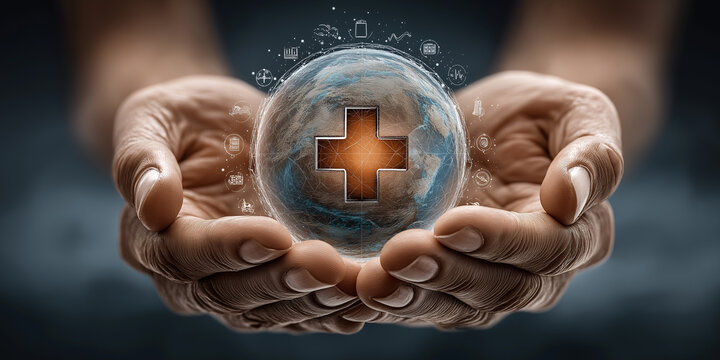 A pair of weathered hands gently cradles a translucent globe, showcasing a luminous cross at its center.  Surrounding the globe are various interconnected icons, representing global healthcare