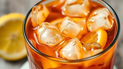 A refreshing cold glass of iced tea with lemon slices and a striped straw is sitting on a wooden table. Food concept