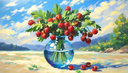 A vibrant still life features red berries in a round glass vase set on a sunlit outdoor surface, surrounded by green leaves under a bright blue sky with clouds.