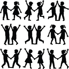 Cheerful Children Silhouettes – Fun and Playful Kids Poses Pack Happy Kids Playing Silhouette Set – Joyful Children Vector Collection