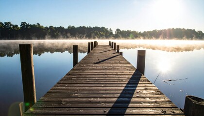 Naklejka premium Wooden dock stretches into misty lake under a sunny sky, trees on the distant shoreline