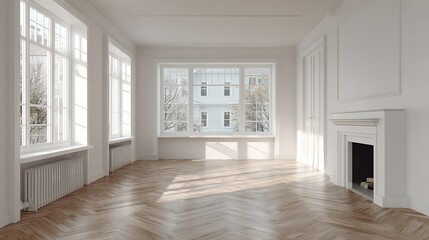 Illustration mock up of a contemporary classic white vacant home with herringbone parquet