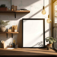 A black wooden picture frame mockup with a blank white canvas leaning against the wall of an industrialstyle office space bathed in warm sunlight that casts