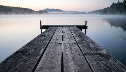 Calm lake view with a wooden dock stretching into misty water at dawn, mountains in the background