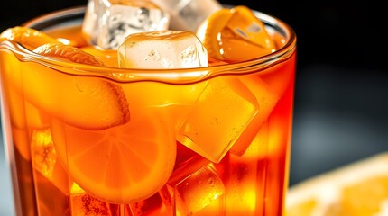 A refreshing cold glass of iced tea with lemon slices and a striped straw is sitting on a wooden table. Food concept