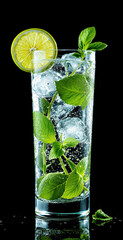 Cold mojito cocktail with ice, lime and mint leaves on transparent glass on black background.